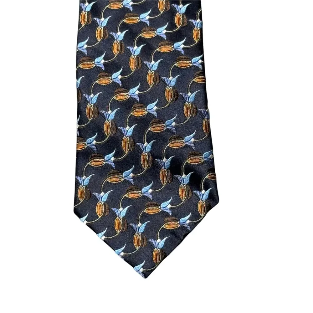 Ermenegildo Zegna Designer Tie Mens Navy Blue Silk Floral Bud Motif Adjustable